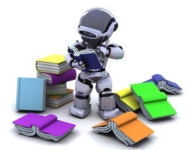 3d rendering del robot con i libri