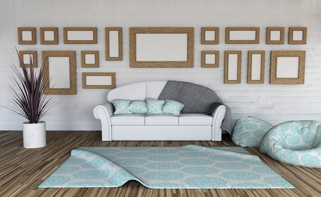 Free photo 3d render of a room interior with collection of blank picture frames on the wall