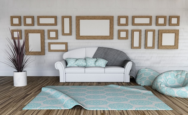 3d render of a room interior with collection of blank picture frames on the wall