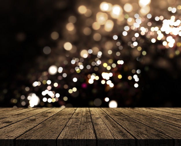 3d render of a rustic wooden table on a bokeh lights background