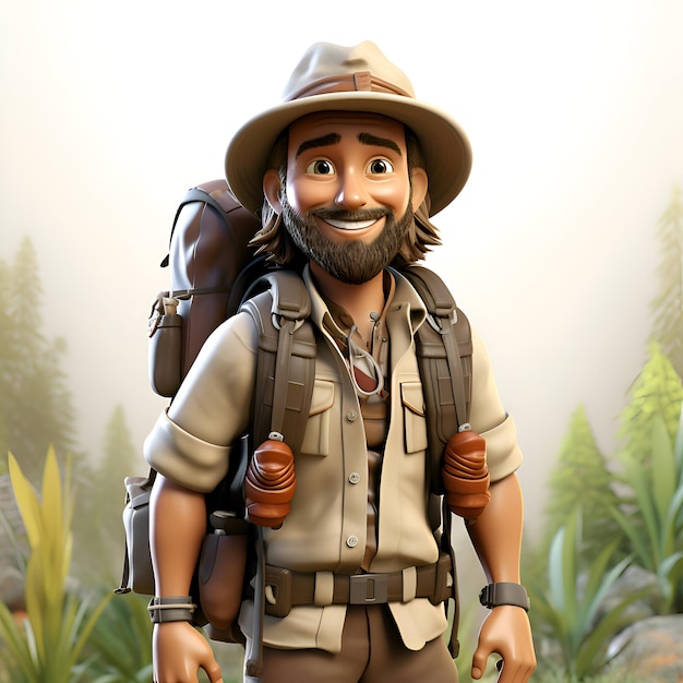 3D Render of a safari man with backpack in the jungle