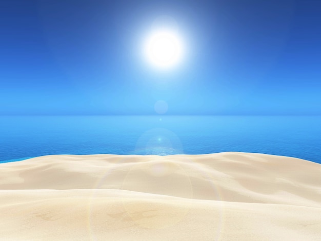 모래와 푸른 바다 풍경의 3d 렌더링