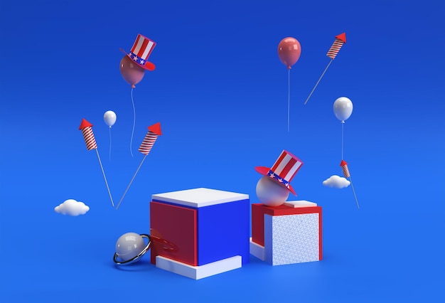 ディスプレイ製品の最小限の表彰台シーンの3Dレンダリングシーン広告デザイン7月4日アメリカ独立記念日のコンセプト