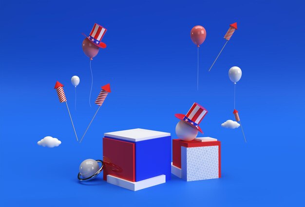 3D визуализация сцены минимальной сцены подиума для рекламного дизайна дисплейной продукции 4 июля, День независимости США, концепция