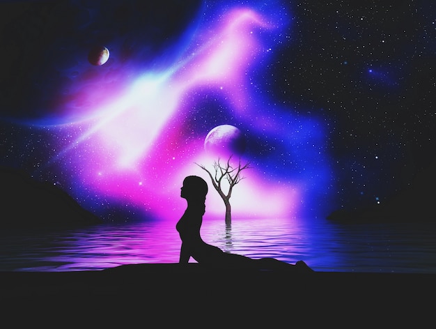3d render of a silhouetted female in yoga pose against space sky