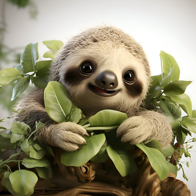 Free photo 3d render of a sloth in a basket with leaves