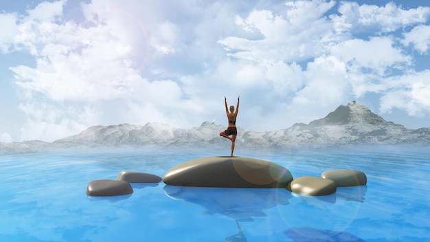 Rendering 3d di rocce lisce nel mare contro un cielo nuvoloso blu con una femmina in posizione yoga Foto Gratuite