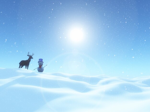 3D render of a snowman and deer in a Christmas winter landscape