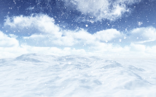 Rendering 3d di un paesaggio innevato con fiocchi di neve che cadono