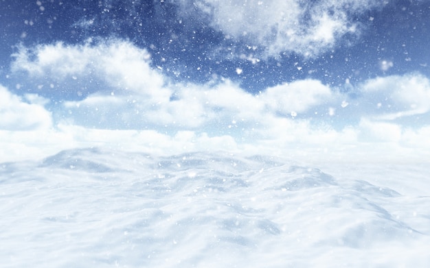 3D визуализация снежного пейзажа с падающими снежинками