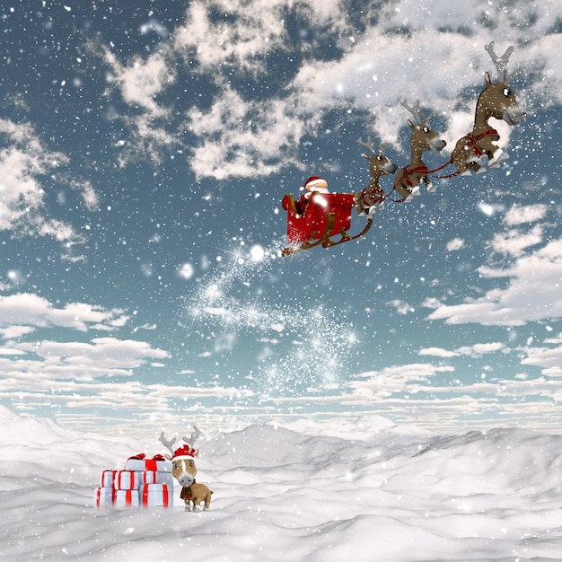 3D визуализация снежного пейзажа с Дедом Морозом и его оленями