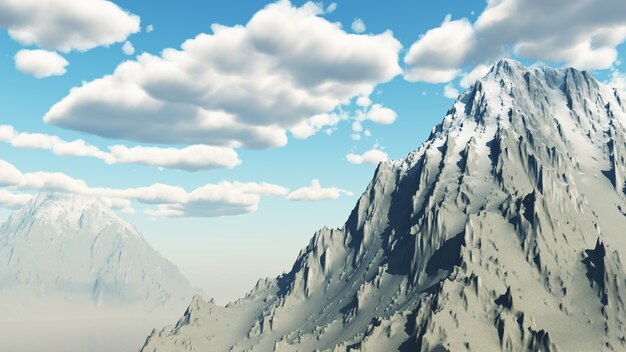 3D render of a snowy mountain landscape against sunny sky