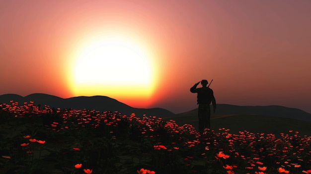 Foto gratuita rendering 3d di un soldato salutando in un campo di papaveri