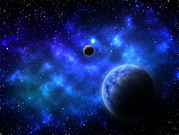 3D render of a space background with abstract planets and nebula