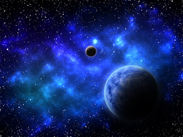 3D render of a space background with abstract planets and nebula