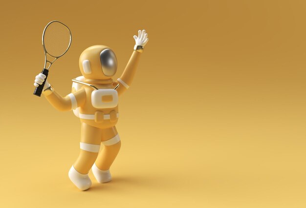 テニスをする3Dレンダリング宇宙飛行士宇宙飛行士3Dイラストデザイン