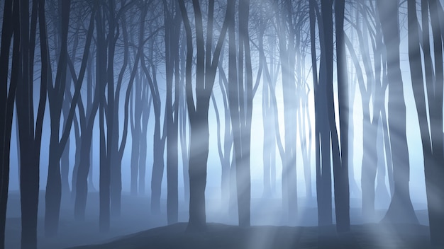 3D render of a spooky forest scene with rays shining through