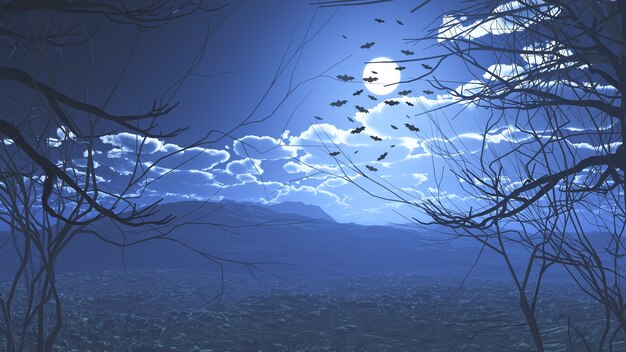 3D render of a spooky Halloween landscape with flying bats