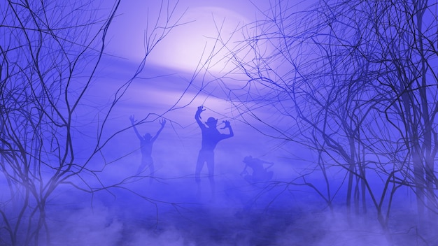 Rendering 3d di un paesaggio spettrale di halloween con zombi in un'atmosfera nebbiosa