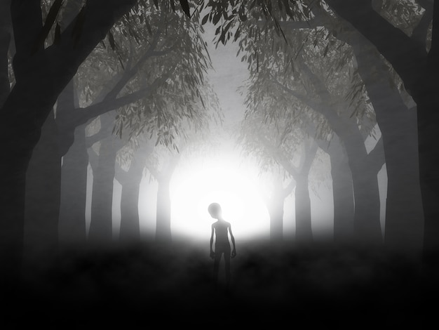 Free photo 3d render of a spooky landscape with alien in foggy forest