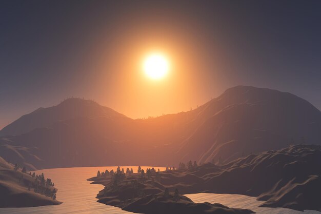 山と通りと湖のある夕日の風景の3Dレンダリング