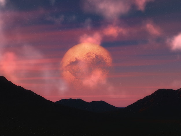 3D render of a surreal landscape with abstract planet
