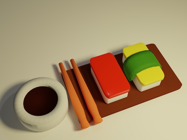 3d render sushi with chopsticks in white background