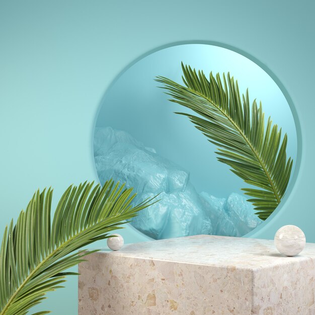 3d render template stone podium with palm leaf on blue background illustration