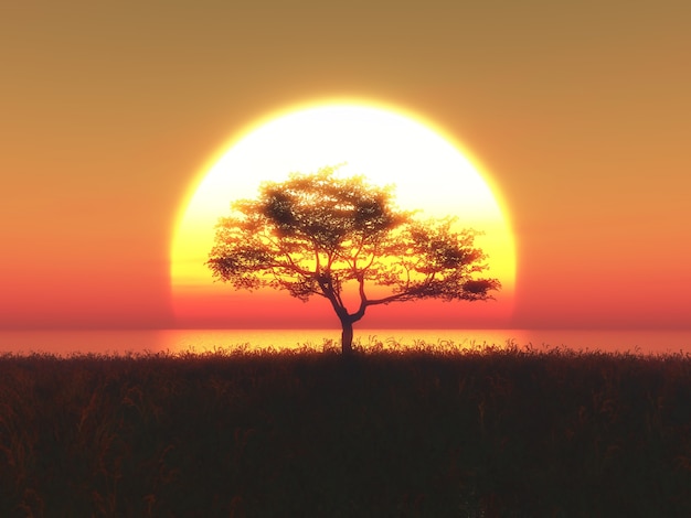 3d render of a tree against a sunset sky