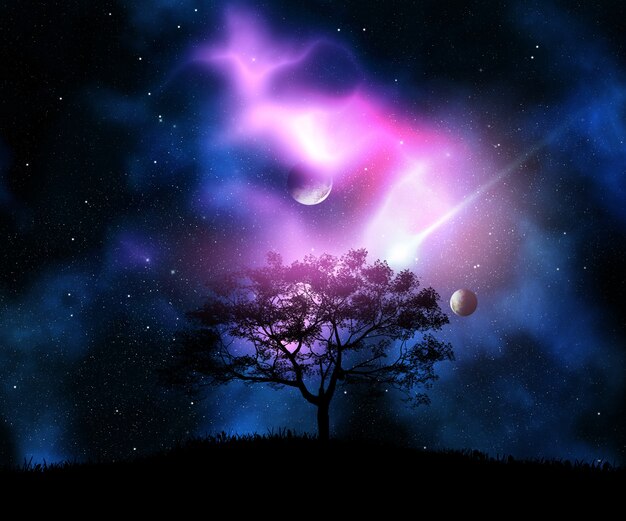 3D render of a tree on a grassy hill against a space sky with planets