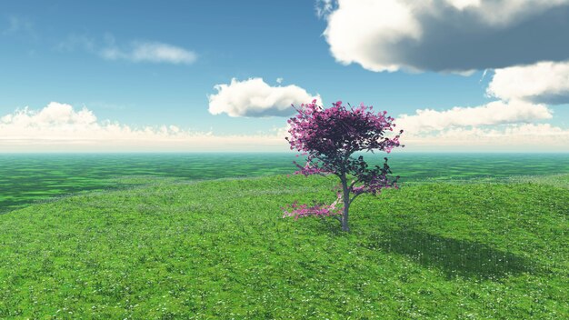 3D render of a tree in a grassy landscape
