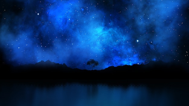 3D визуализации дерева пейзаж против звездного ночного неба