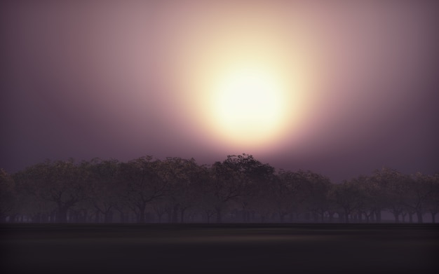 3d render of a tree landscape against sunset sky