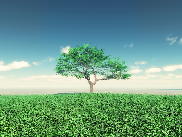 Free photo 3d render of a tree in sunny landscape