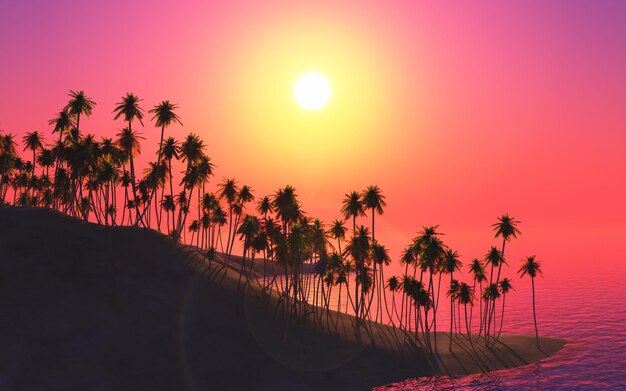 3D render of a tropical background with palm tree island
