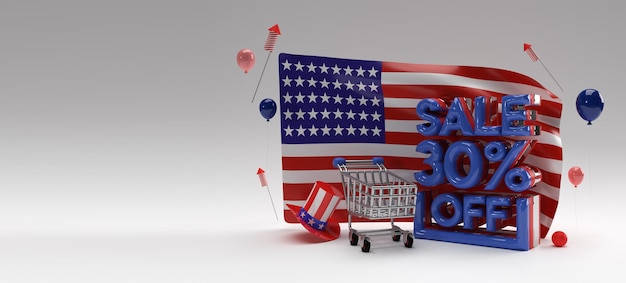 3D Render Usa flag 4 июля Концепция Дня независимости США 30 Sale OFF Discount Banner