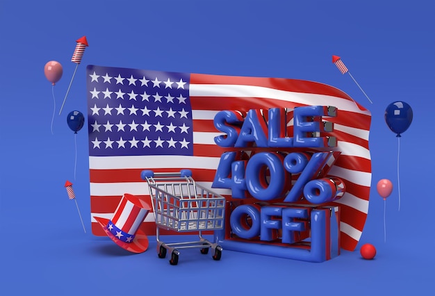 3D Render Usa flag 4 июля Концепция Дня независимости США 40 Sale OFF Discount Banner