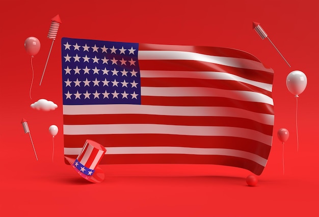 3D 렌더링 미국 국기 7월 4일 미국 독립 기념일 개념