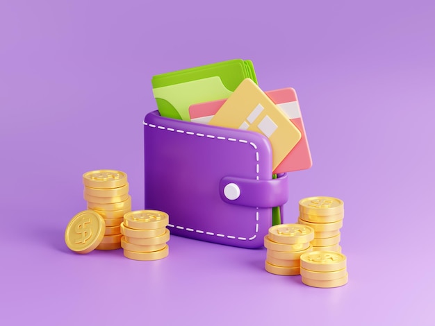 Free photo 3d render wallet with plastic cards and gold coins