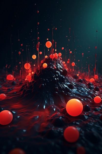 Free photo 3d render water dots with red fire and navy color