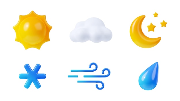 Free photo 3d render weather icons set sun cloud moon