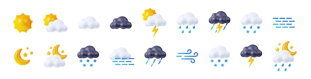 3d render weather icons set sun shining clouds