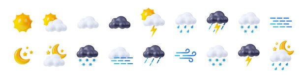 3d 렌더링 날씨 아이콘 설정 태양 빛나는 구름