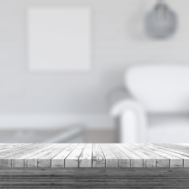 Free photo 3d render of a white wooden table looking out to a defocussed room interior
