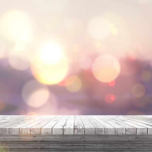 Free photo 3d render of a white wooden table looking out to a defocussed sunny landscape