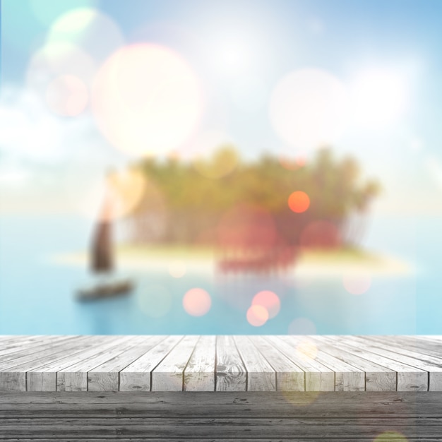 3d render of a white wooden table looking out to a defocussed tropical landscape