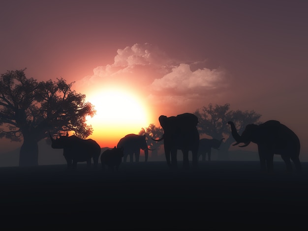 3D визуализации диких животных в ландшафте заката