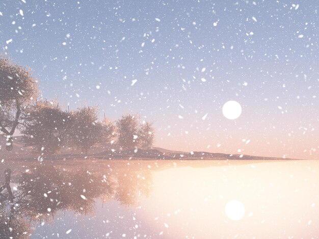 3D визуализация зимнего пейзажа на фоне закатного неба
