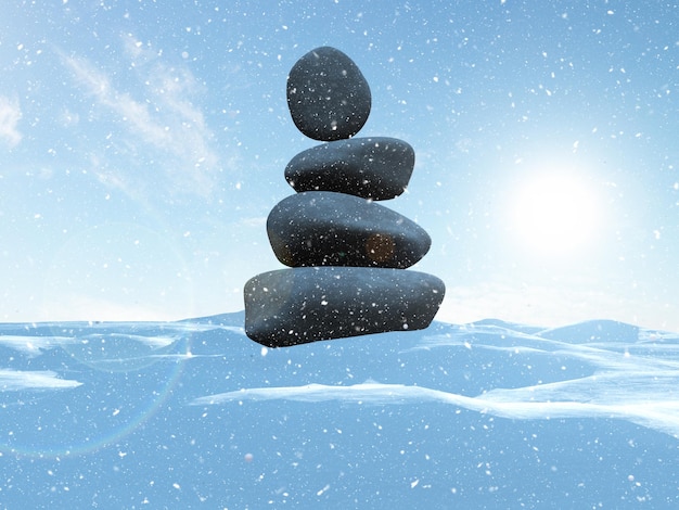 雪の中で小石のバランスをとる冬の風景の3Dレンダリング