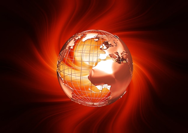 3D render of a wireframe globe on fiery